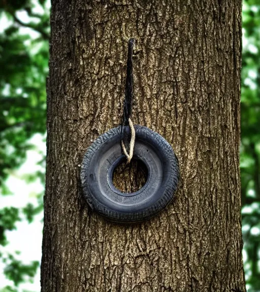 Image similar to sad rubber tire hanging from a tree from a noose