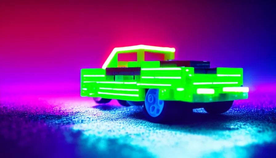 Image similar to luminescent lego car driving on a neon road into the distance with glowing cyberpunk signs leaving long glowing trails, dark magical forest, synthwave, octane render, purple fog, futuristic, sunset, purple rays, reflective mirror puddles, beautiful lighting, ultra realistic, highly detailed, 8 k