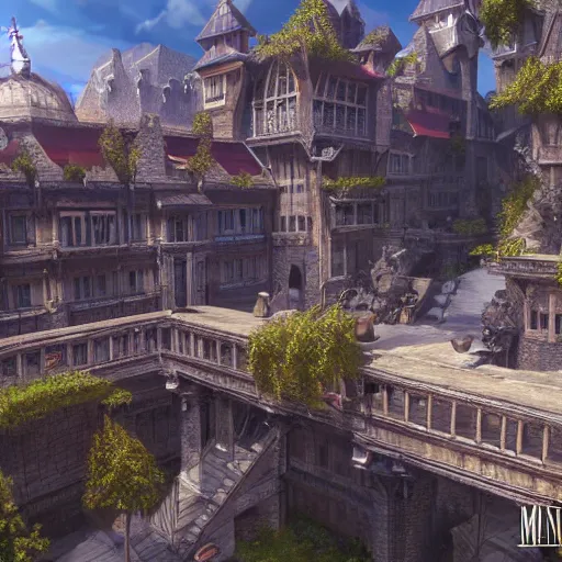 Image similar to magical final fantasy inspired town, european, highly detailed, unreal engine, concept art