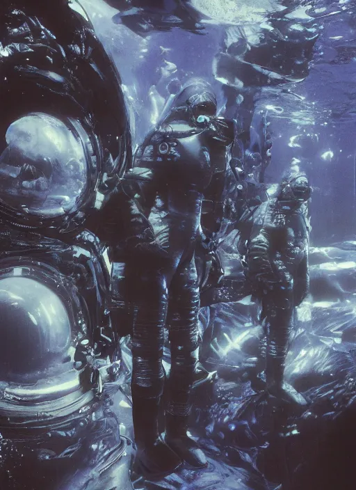 Image similar to astronauts in dark void underwater - complex and hyperdetailed technical suit. reflection and dispersion materials. rays and dispersion of light. volumetric light. f / 3 2. noise film photo. flash photography. ultra realistic, wide angle. poster by wayne barlowe, hajime sorayama aaron horkey, craig mullins