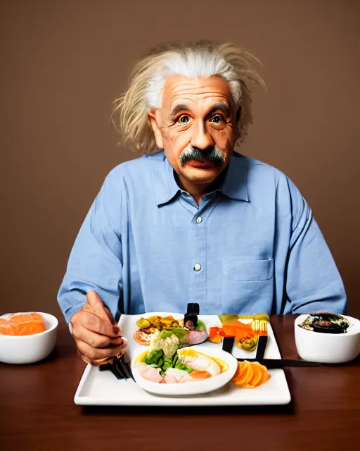 Image similar to a portrait of albert einstein sitting at the dining table with a plate containing sushi in front of him, highly detailed, trending on artstation, bokeh, 9 0 mm, f / 1. 4