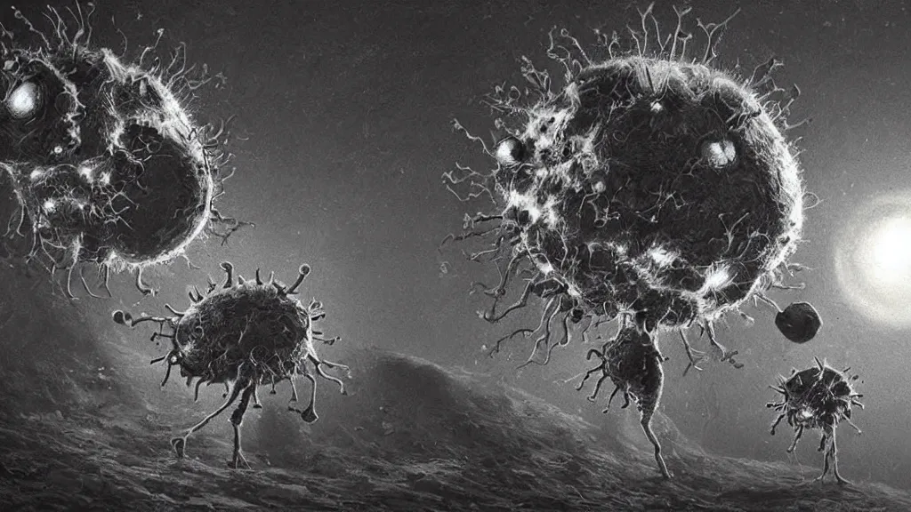 Image similar to a beautiful microscopic scientific photo of a coronavirus and a strange life form seen through an electron microscope, dark, sinister, detailed, art by Greg Rutkowski