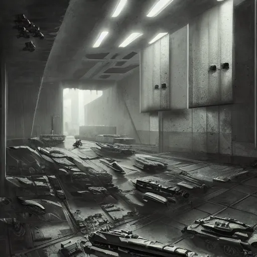 Image similar to brutalist interiori, neo militarism, eco brutalism, highly detailed, excellent composition, cinematic concept art, dramatic lighting, trending on artstation