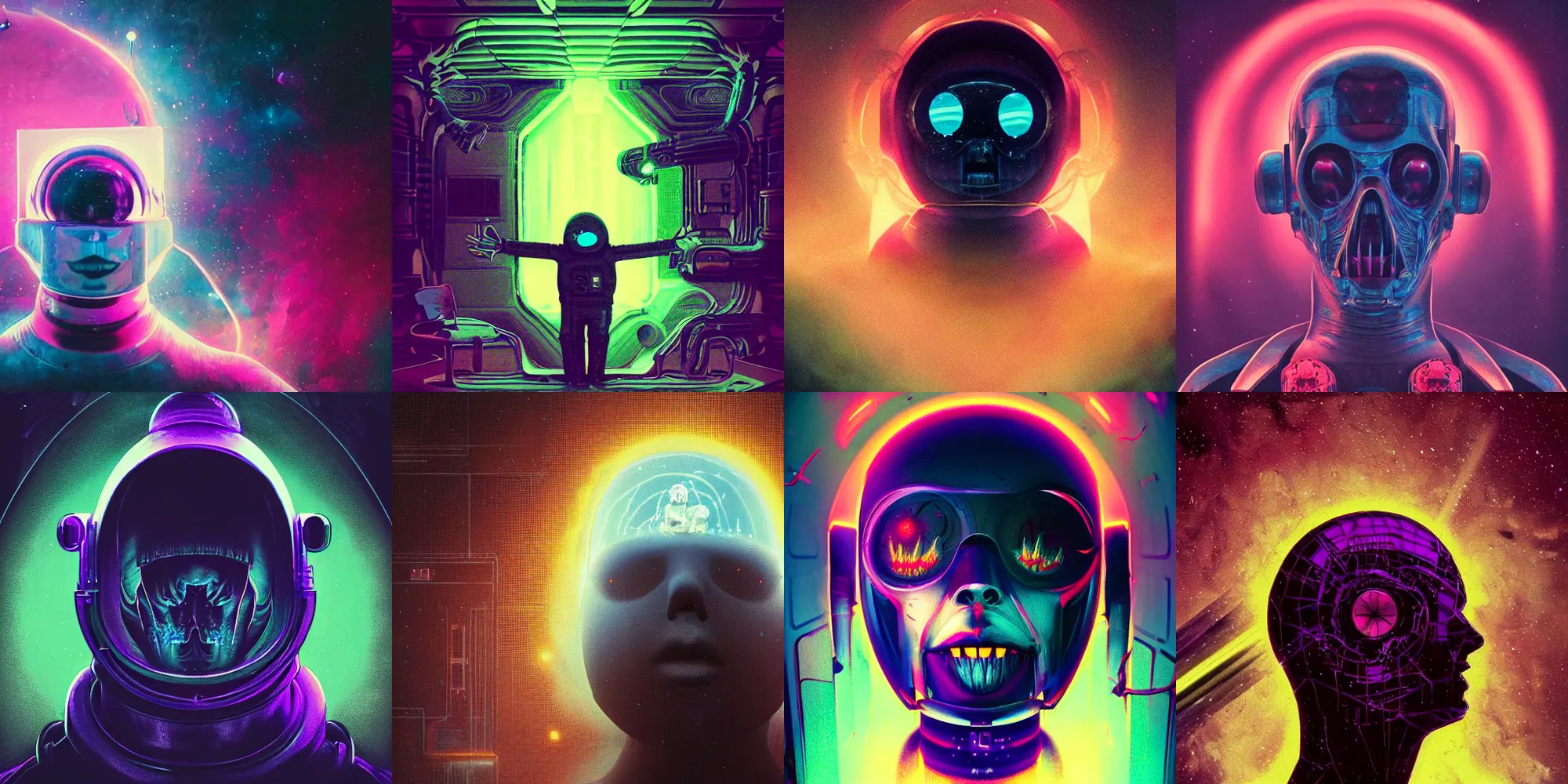 Prompt: dark astronaut head, horror poster 9 0 s, cosmic horror, abstract, ghostly, arcade, duotone, poltergeist, lets get weird, intricate, elegant, highly detailed, artstation, smooth, sharp focus, unreal engine 5, raytracing, art by beeple and mike winkelmann, ultraviolet colors,