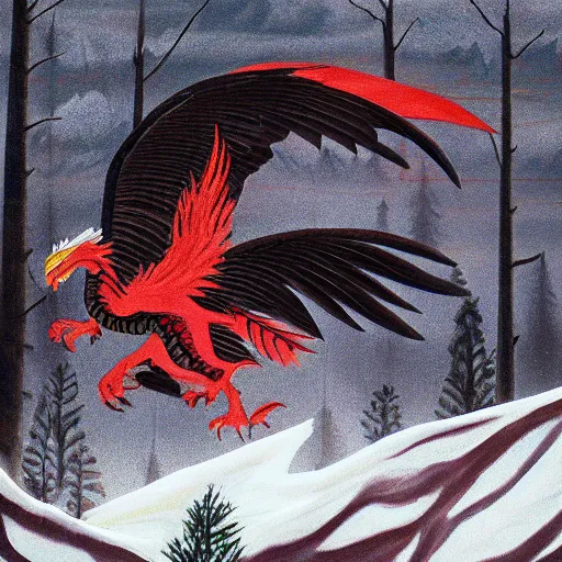 Image similar to black eagle with red eyes fighting a white dragon over a spruce tree forest