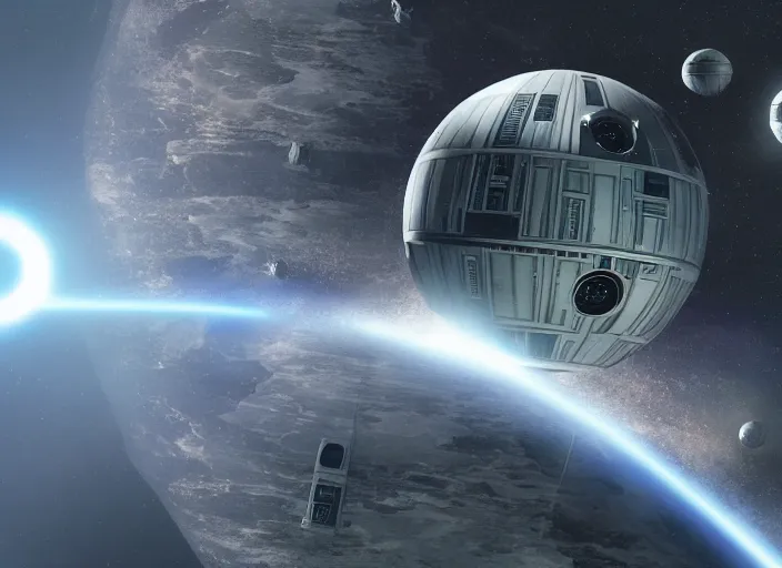 Prompt: film still of the death star hovering above earth, full view, in the new star wars movie, 4 k