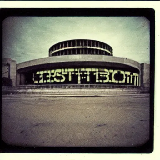 Image similar to old polaroid of a retro futuristic destroyed communist theatre, desolate, award winning, wide angle,
