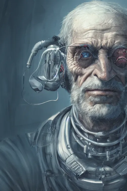 Image similar to ultrarealistic illustration old man cyborg, cyberpunk, sci - fi fantasy, intricate, elegant, highly detailed, digital painting, artstation, concept art - g