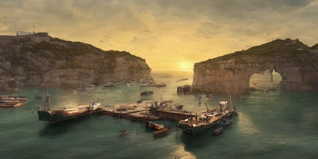 Image similar to wood dock, green car on dock, big fishing boat next to the dock with waving sailors. low angle, sunrise, a mediterranean phoenician fishing village in the distance, chalk cliffs above, highly detailed, digital painting, artstation, concept art, sharp focus, illustration, art by artgerm and raphael lacoste and magali villeneuve