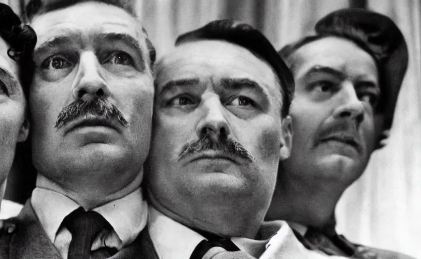 Prompt: 50s movie still close-up portrait of three individual elder soviet marshal with very detailed faces in a stalinist style hall, by Irving Penn, Cinestill 800t 50mm black and white, heavy grainy picture, very detailed, high quality, 4k, HD criterion, precise texture, diverse faces, diverse haircuts, diverse ages, each faces precisely define