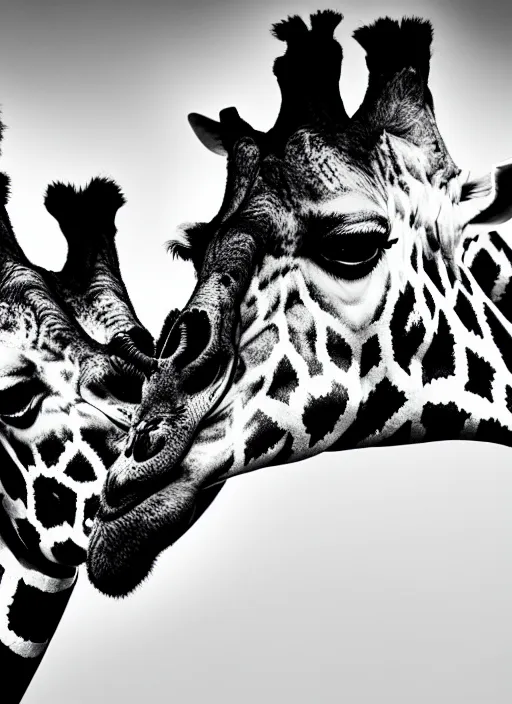 Prompt: two giraffe black and white portrait white sky in background
