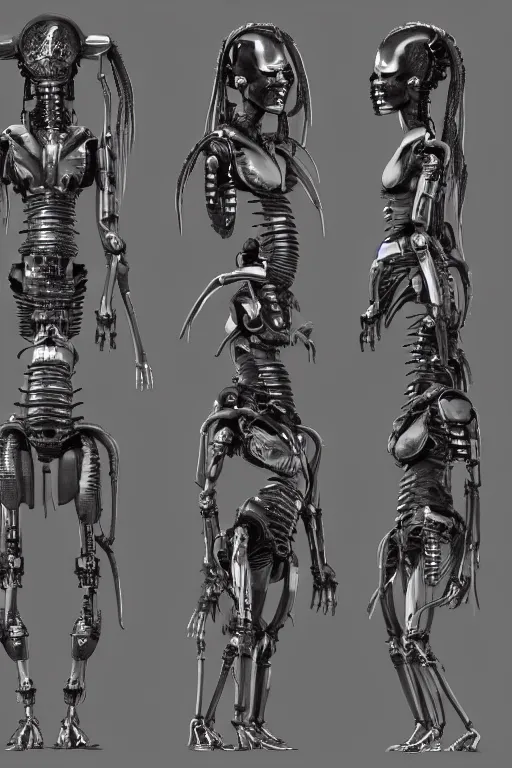 Image similar to african dreadlock hairstyles!! cyborg female with gunmetal grey skin, medical anatomy, paneled face, highly detailed, mecha, mechanical implants, three - perspective / three - view reference sheet ( front / back / side ), in the style of dan ouellette, dren from splice, hr giger, sil from species, artstation, unreal engine