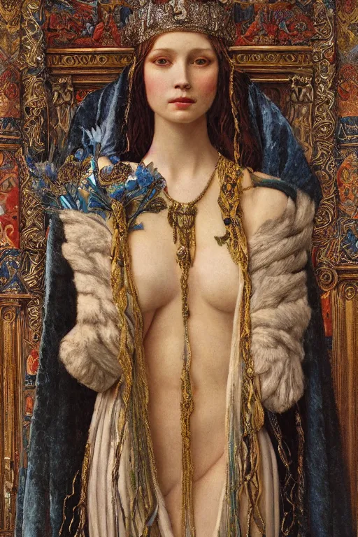 Image similar to coronation portrait of the ice queen, by Donato Giancola and John Bauer and John William Godward and Vermeer, embroidered velvet, iridescent beetles, rich color, ornate headdress, flowing robes, lost runes, ancient civilizations,featured on Artstation, cgisociety, unreal engine, extremely detailed