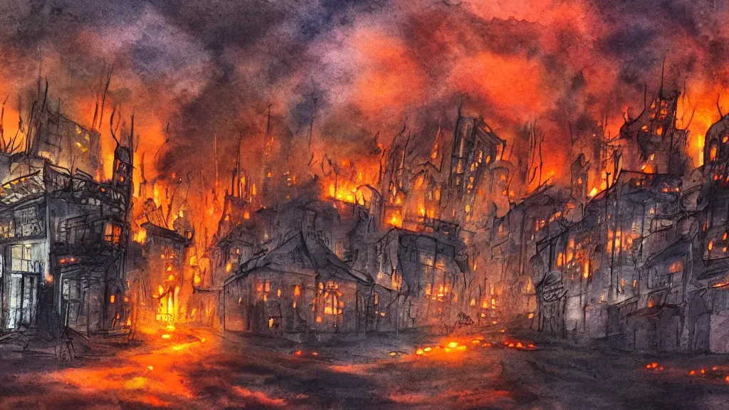 Image similar to a watercolor painting of an abandoned fiery city in hell, scary, bright, fantasy, smoke, fire, circular, digital art,