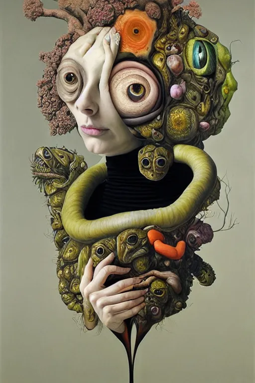 Image similar to a strange surrealist, biomorphic, portrait of a woman with large eyes wearing a black turtleneck, by dali, marco mazzoni, james jean and rachel ruysch, emotionally evoking, looming, head in focus, arcimboldo, volumetric lighting, masterpiece