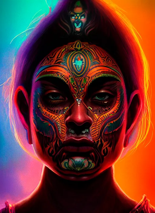 Prompt: full face tattoo epic portrait, aztec warrior glowing eyes, elden ring, matte painting concept art, midjourney, beautifully lit, swirly vibrant color lines, fantastically gaudy, cinematic aesthetic octane render, 8 k hd resolution, by ilya kuvshinov and darius zawadzki and zdizslaw beksinski