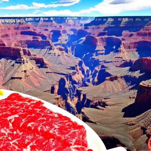 Image similar to the grand canyon made out of raw bloody!! meat!!, steaks and sausages as far as the eye can see high definition tourist photography family holiday