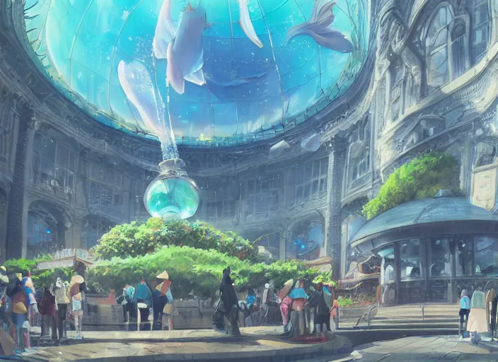 Prompt: A bustling beautiful city on the sea floor in a glass dome, anime, fountain, statue, underwater, rapture, fish flying over head, godrays, a fantasy digital painting by Makoto Shinkai, trending on Artstation, highly detailed