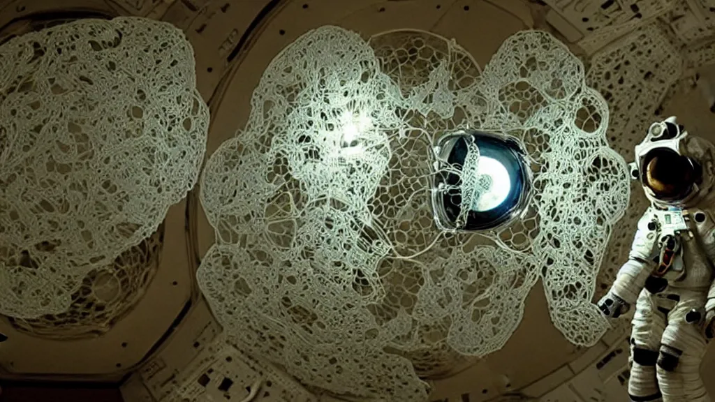 Image similar to a single astronaut eva suit made of diamond 3d fractal lace iridescent bubble 3d skin and covered with insectoid compound eye camera lenses floats through the living room, film still from the movie directed by Denis Villeneuve with art direction by Salvador Dalí, wide lens,