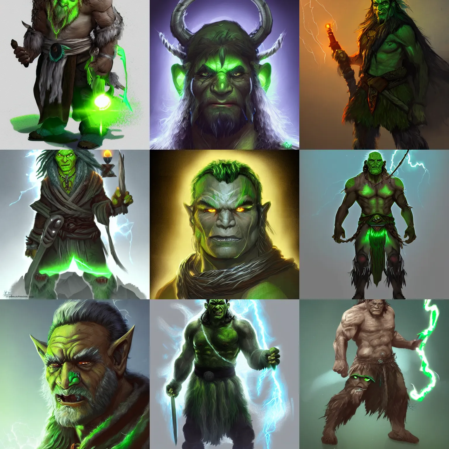 Prompt: an older half - orc shaman with long wiry grey hair, glowing green eyes, lightning in background, character concept art, artstation, digital art