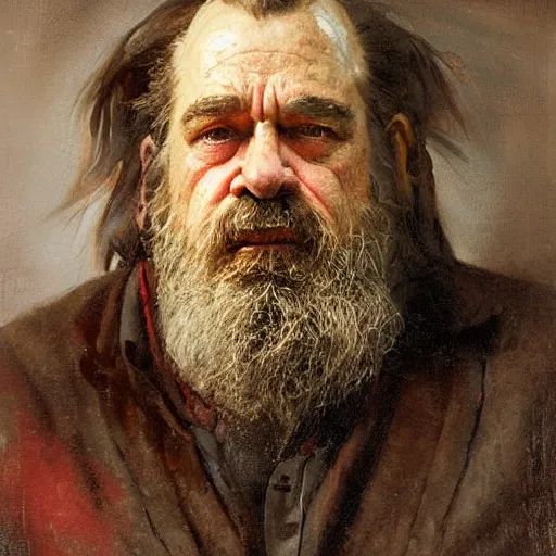 Image similar to Solomon Joseph Solomon and Richard Schmid and Jeremy Lipking victorian genre painting portrait painting of a old rugged actor dwarf warrior from the hobbit , red background