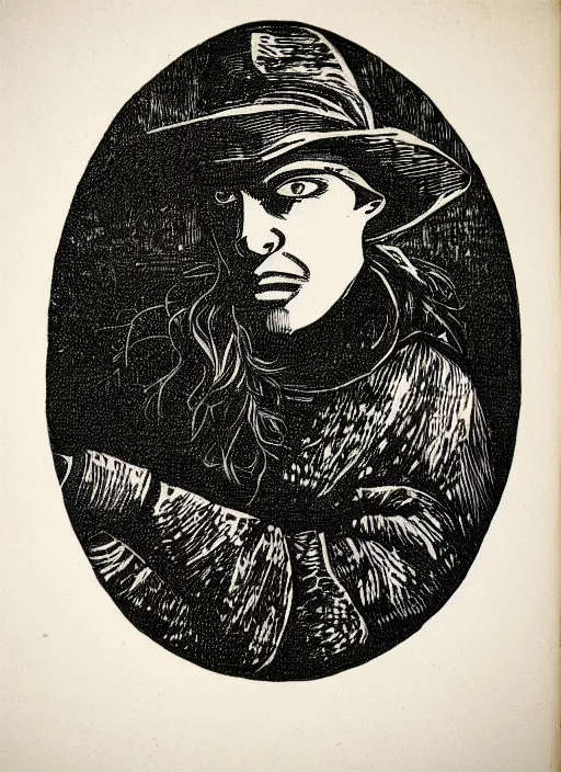 Image similar to perfectly centred realistic portrait of a character dressed in leather tight suit and witch hat, dark, chiaroscuro woodcut