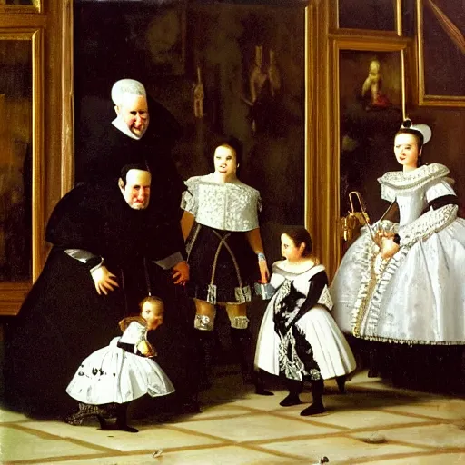 Image similar to velazquez painting the spanish royal family and their robotic maid, baroque style.