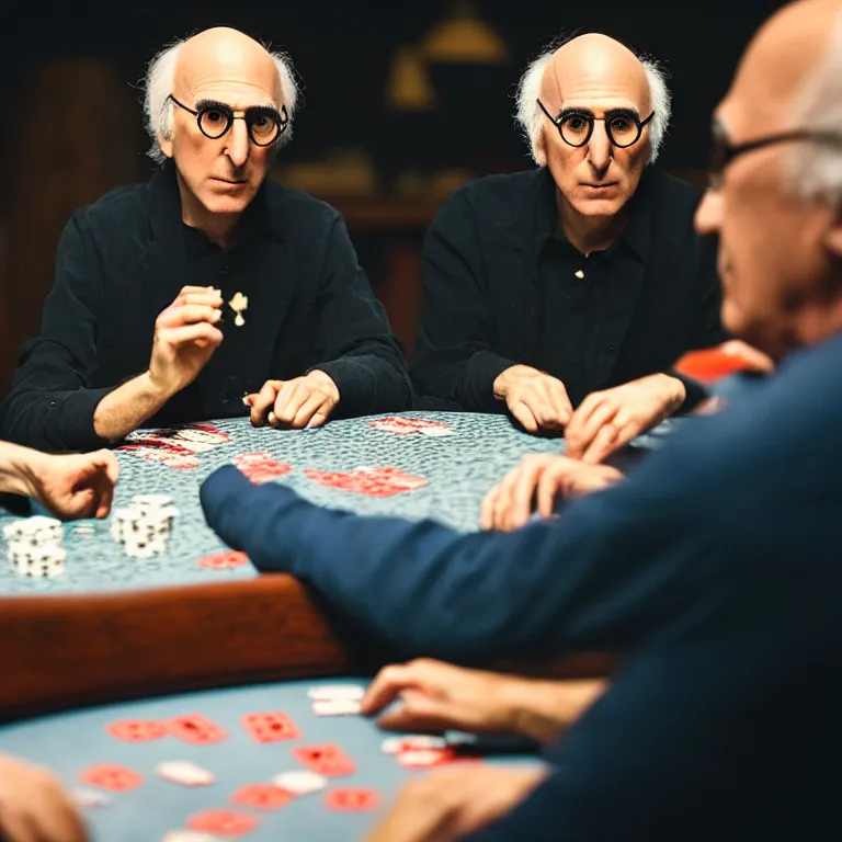 Image similar to a cinematic film still of a claymation stop motion film starring larry david playing poker, portrait, shallow depth of field, 8 0 mm, f 1. 8