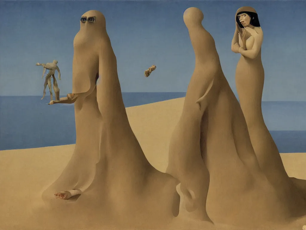 Image similar to Hermit living under the giant dress of a woman, making surreal sculptures in the sand. Still life with teeth. Zurbaran, Rene Magritte, Jean Delville, Max Ernst, Roger Dean