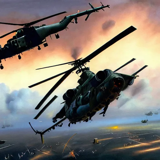 Image similar to a painting of soldiers falling out of a helicopter in the gulf war by Bernardo Bellotto, high detail, hyperrealistic, concept art, artstation, 8k