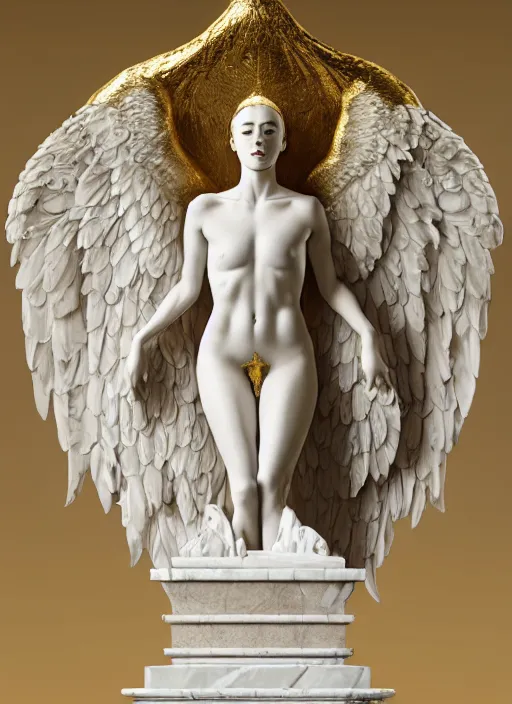 Image similar to a statue made of white marble with gold veins, of an beautiful gorgeous angel girl, full body shot, perfect symmetrical body, perfect symmetrical face, no eyes, hyper realistic, hyper detailed, fujicolor superia 1 6 0 0 photo, by johannen voss, by peter kemp, by monia merlo, by michelangelo octane render, blender, 8 k