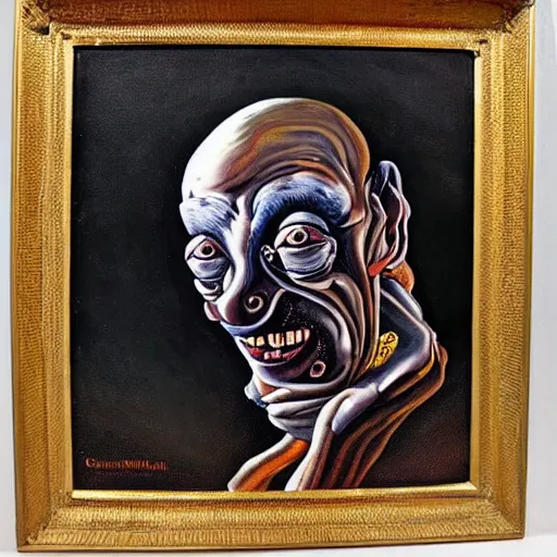 Image similar to Oil painting with black background by Christian Rex Van Minnen Robert Williams Salvador Dali of a portrait of an extremely bizarre disturbing mutated man with intense chiaroscuro lighting perfect composition