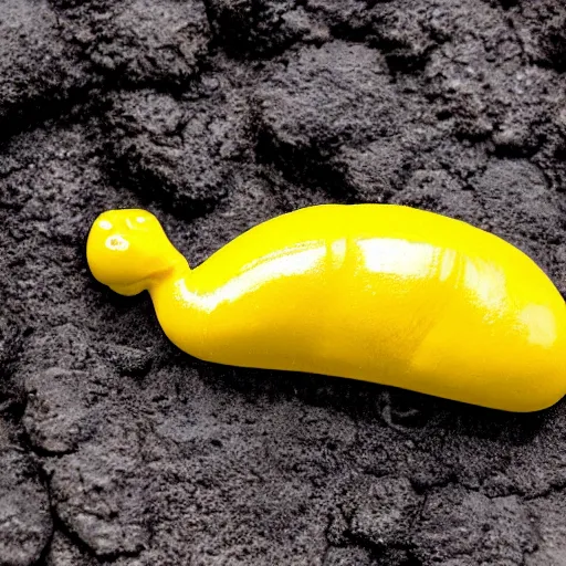 Image similar to a yellow slug riding olmec into the lava