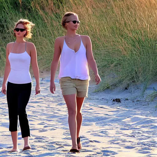 Image similar to Jennifer Lawrence and Jennifer Lawrence walking along the beach together, golden hour, 8k,