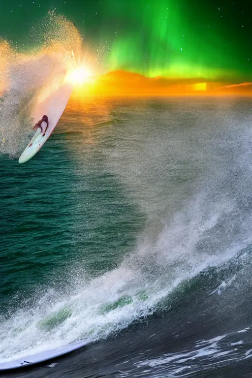 Image similar to dslr, insanely beautiful surf, sunset, aurora, billions of stars, insane details, flying dolphins, hyper reallistic, 8 k,, ultra clear detail, hdr, textured, award winning, professional photography