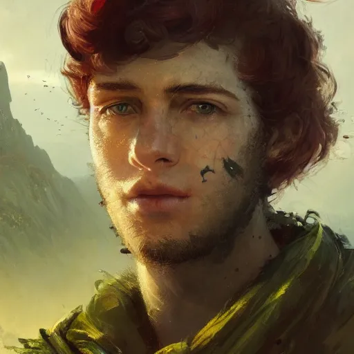 Prompt: masterpiece closeup portrait of a young man with short red hair and green eyes, wearing adventuring gear, by Greg Rutkowski, 4k, masterpiece, matte painting, dungeons and dragons, detailed