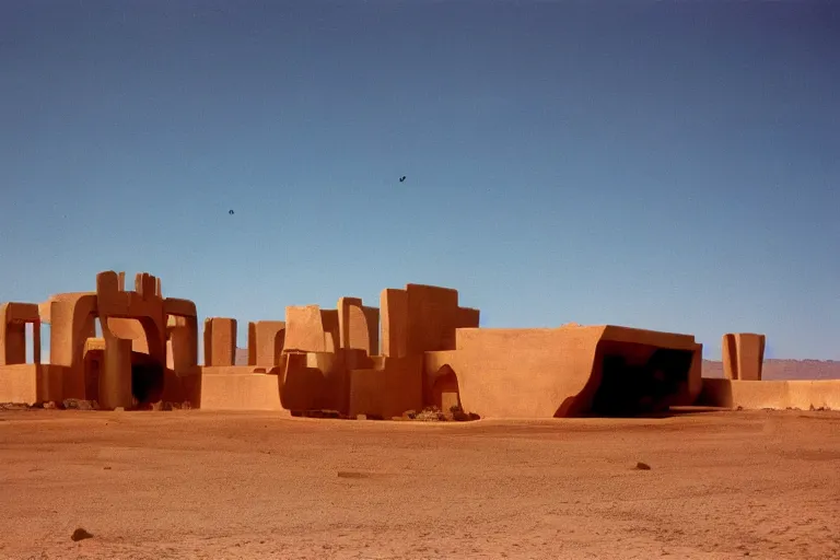 Image similar to film still of monumental gigantic prehuman building in the desert, by Étienne-Louis Boullée ektachrome full-HD