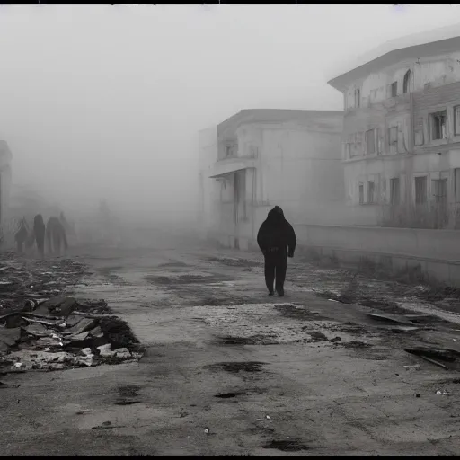 Prompt: flash photograph of an abandoned rundown soviet town with dense fog and men wearing gas masks