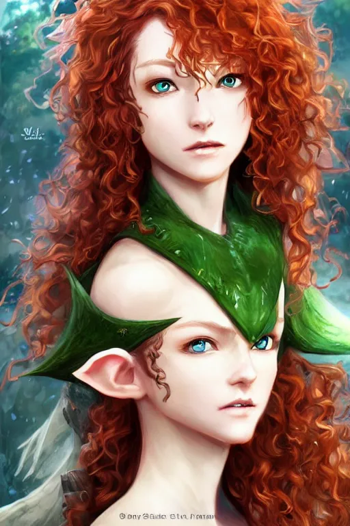 Image similar to A realistic anime portrait of long curly haired redhead female elf ranger wearing an intricate fantasy ranger outfit, asian facial features, green eyes, digital painting, by Stanley Artgerm Lau, Sakimichan, WLOP and Rossdraws, digtial painting, trending on ArtStation, SFW version