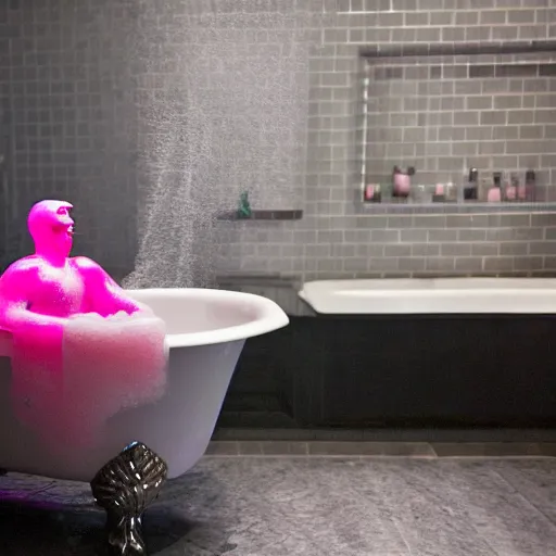 Image similar to marilyn manson taking a bubble bath, rubber ducky on the ledge of the bathtub, pink bubbles floating in the air, farmhouse style bathroom, 4 k,