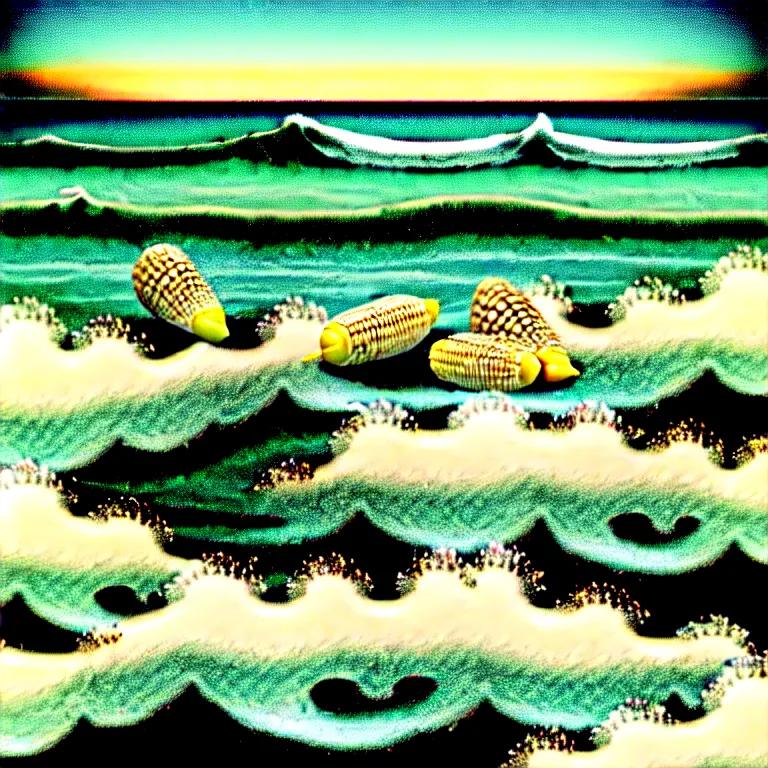 Image similar to corn floating in ocean, waves, vintage coutry style, monochromatic, detailed
