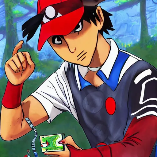 Image similar to ash ketchum playing magic the gathering on a motorcycle, digital art