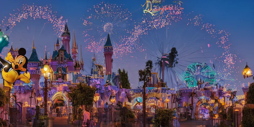 Prompt: disneyland, vaporwave, dusk, highly detailed, bokeh, hdr, 4 k