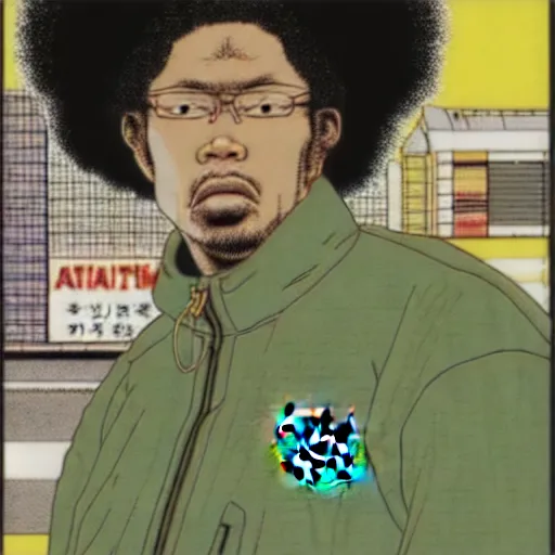 Image similar to illustration by katsuhiro otomo, black man with afro hair, stubble, wearing an adidas army green jacket, in the streets of tokyo, akira style, by katsuhiro otomo