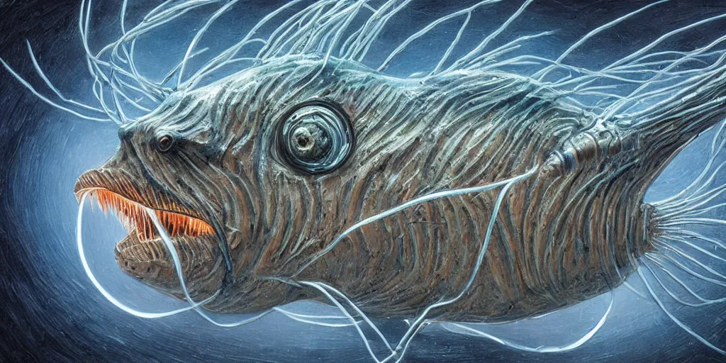 Image similar to angler fish sculpture, stylized layered shapes, long flowing fins, bioluminescent orbs, diffuse lighting, glowing eye, intricate, elegant, highly detailed, lifelike, photorealistic, digital painting, artstation, smooth, sharp focus, art by h r giger