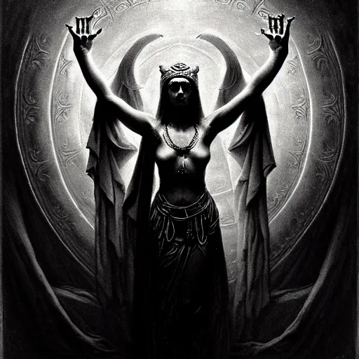 Image similar to marana slavic goddess with six arms : by gustave dore and greg rutkowski and wlop, mystic high contrast monochromatic noir