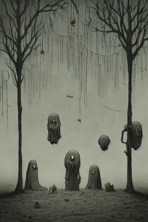 Prompt: council of ghosts in the style of John Kenn Mortensen , realistic painting, high definition, digital art, very detailed