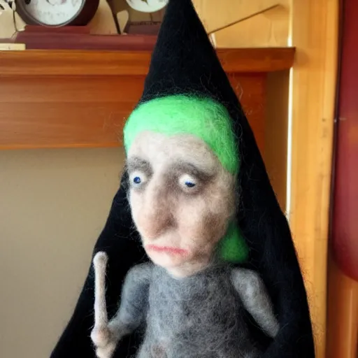 Image similar to photo of a life sized needle - felted 2 0 0 year old crone in a needle felted lounge room