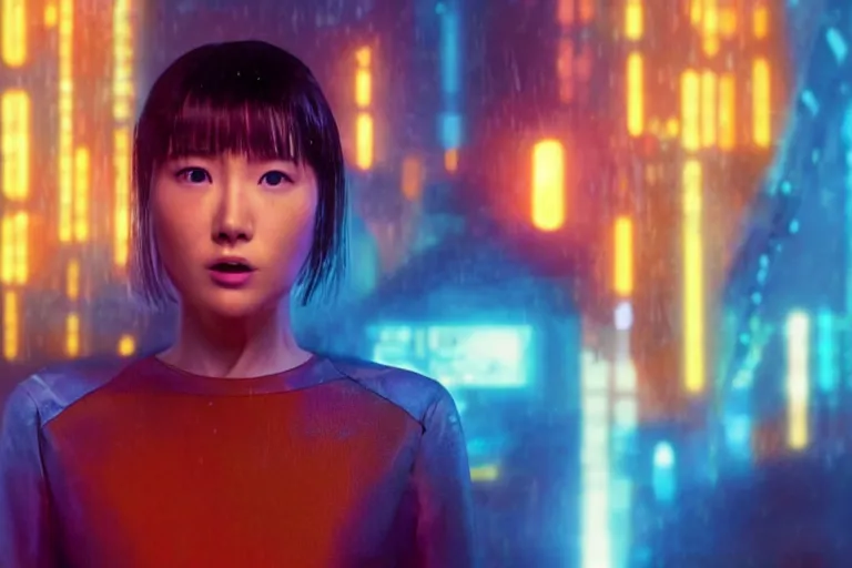 Prompt: a still from the film bladerunner 2 0 4 9 depicting haruka abe wearing an orange prison jumpsuit. a screaming holographic face dominates the background. futuristic medical equipment surrounds haruka abe. sci fi, futuristic,