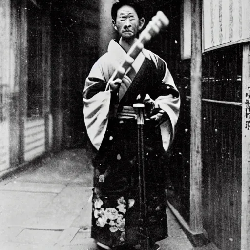 Image similar to Portrait of a 19th century Japanese man playing the shakuhachi in the streets of Kyoto, 1900s photography